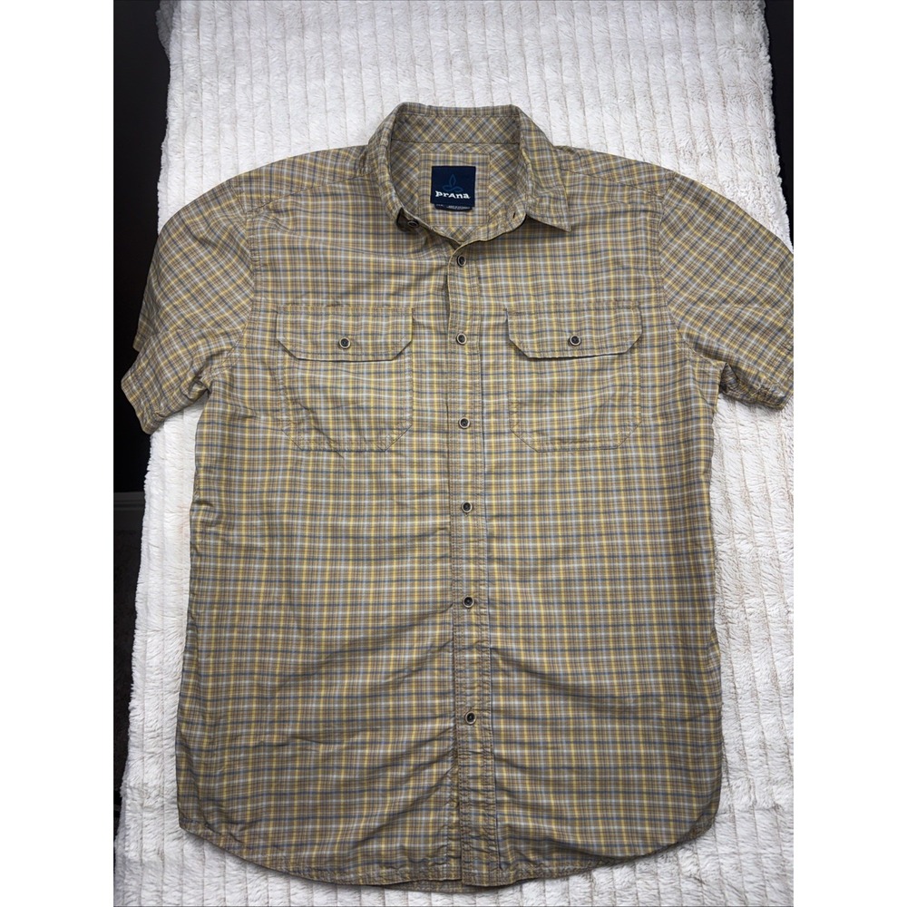 Prana Men's Small Button Up‎ Brown & Grey Plaid Geometric Design NWOT Nice New